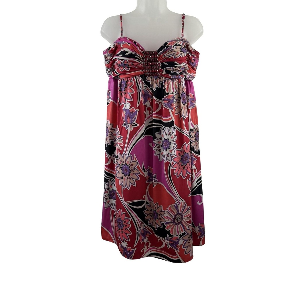 Oleg Cassini OG Dress Womens 14 Multicolor Floral Satin Beaded Ruched Empire Y2K